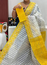 Saree_soft_jamdani_with blouse piece_white_yellow_festive_durga puja_S10729 - Saree - Aakritee - S10729